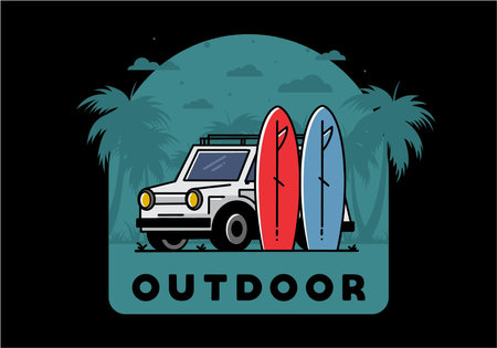 Illustration design of a small car and two surfboardsのイラスト素材