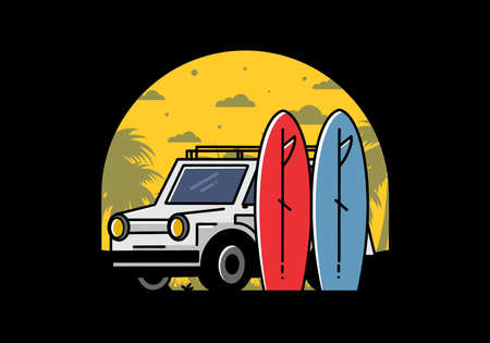 Illustration design of a small car and two surfboardsのイラスト素材