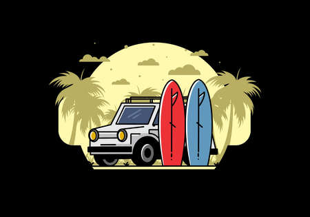 Illustration design of a small car and two surfboardsのイラスト素材
