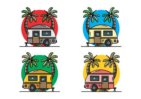 Illustration design of a teardrop camper and coconut treeのイラスト素材