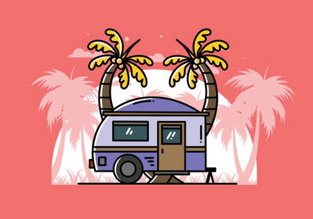 Illustration design of a teardrop camper and coconut treeのイラスト素材