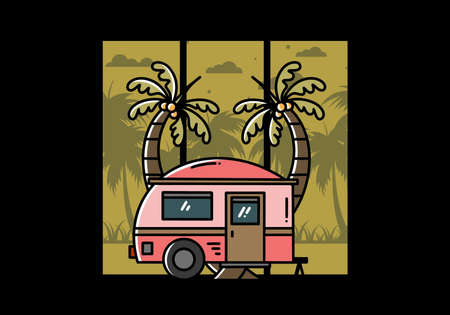 Illustration design of a teardrop camper and coconut treeのイラスト素材
