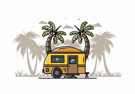 Illustration design of a teardrop camper and coconut treeのイラスト素材
