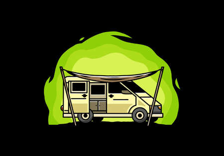 Illustration design of a camper van and flysheetのイラスト素材