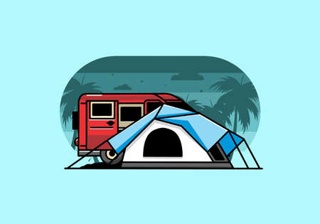Illustration design of a van car and camping tentのイラスト素材