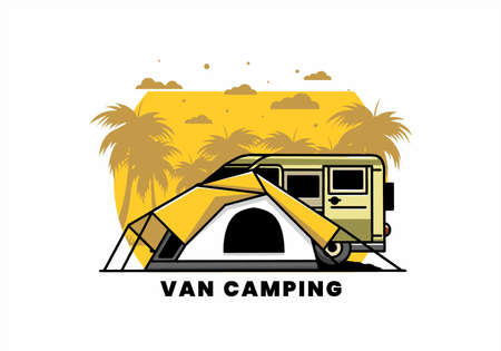 Illustration design of a van car and camping tentのイラスト素材
