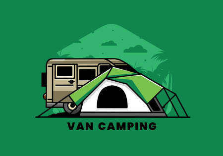 Illustration design of a van car and camping tentのイラスト素材