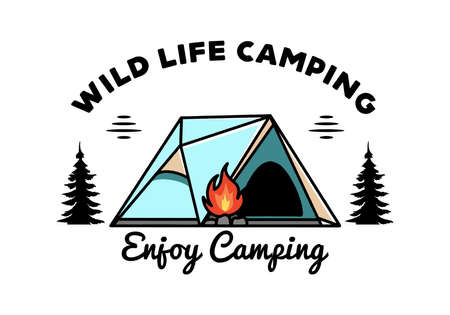 Illustration design of a triangle camping tent and bonfireのイラスト素材
