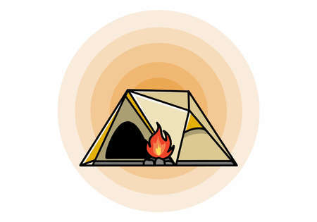 Illustration design of a triangle camping tent and bonfireのイラスト素材