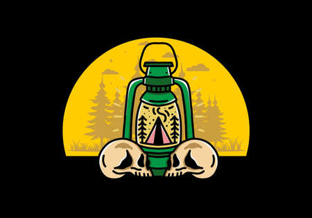 Illustration design of a outdoor lantern with triangle camping tent and two skullのイラスト素材