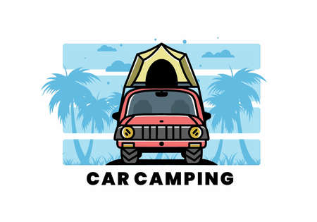Illustration badge design of camping on the roof of carのイラスト素材