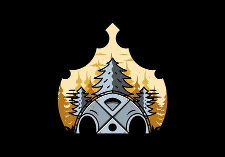Illustration badge design of a Big family tent and pine treesのイラスト素材