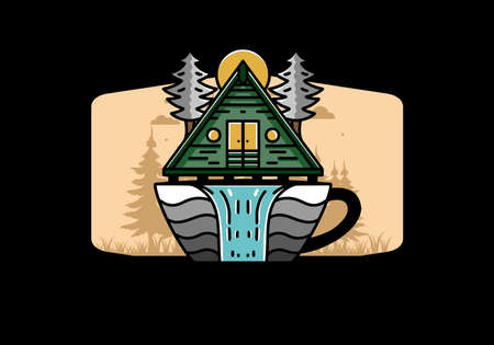 Illustration badge design of a Wood cabin and pine trees on the coffee cup shape with waterfallのイラスト素材