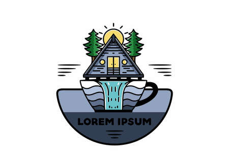 Illustration badge design of a Wood cabin and pine trees on the coffee cup shape with waterfallのイラスト素材