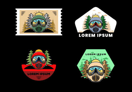 Illustration of a trail helmet with a pine tree beside and big sunのイラスト素材