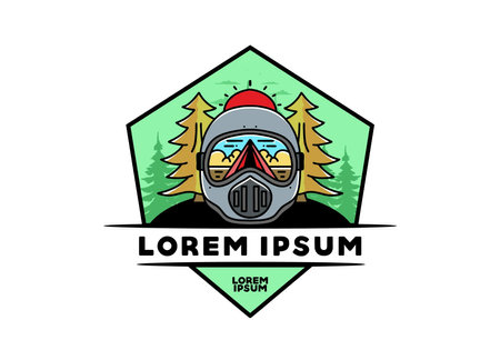 Illustration of a trail helmet with a pine tree beside and big sunのイラスト素材