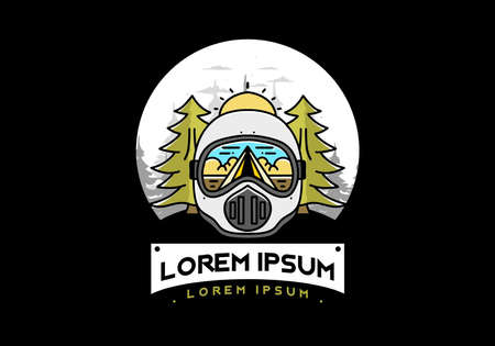 Illustration of a trail helmet with a pine tree beside and big sunのイラスト素材