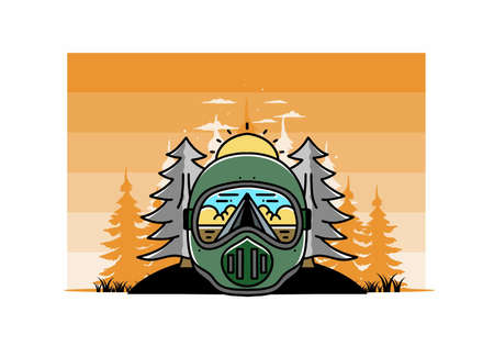 Illustration of a trail helmet with a pine tree beside and big sunのイラスト素材