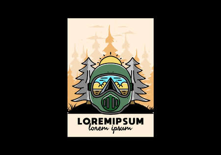 Illustration of a trail helmet with a pine tree beside and big sunのイラスト素材