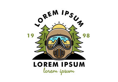 Illustration of a trail helmet with a pine tree beside and big sunのイラスト素材