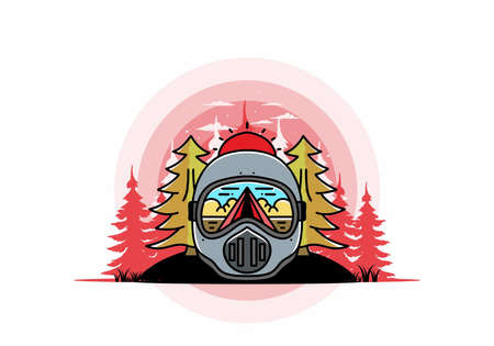 Illustration of a trail helmet with a pine tree beside and big sunのイラスト素材