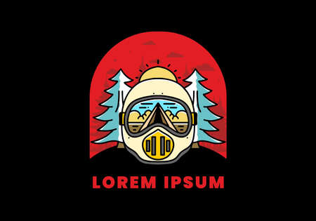 Illustration of a trail helmet with a pine tree beside and big sunのイラスト素材