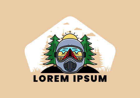 Illustration of a trail helmet with a pine tree beside and big sunのイラスト素材
