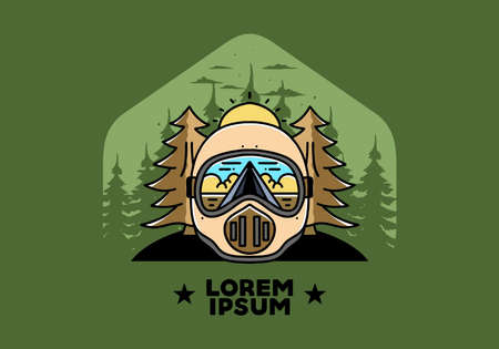 Illustration of a trail helmet with a pine tree beside and big sunのイラスト素材