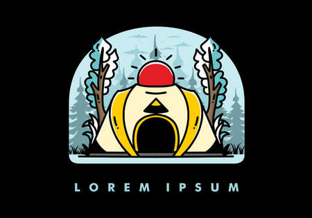 Big pop up tent for camping with two tree and big sun illustration badge designのイラスト素材