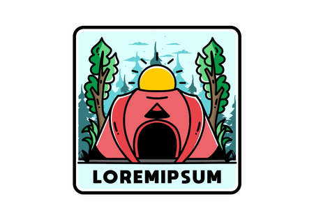 Big pop up tent for camping with two tree and big sun illustration badge designのイラスト素材