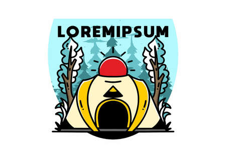 Big pop up tent for camping with two tree and big sun illustration badge designのイラスト素材