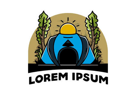 Big pop up tent for camping with two tree and big sun illustration badge designのイラスト素材