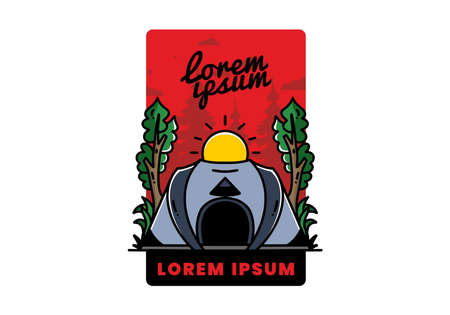Big pop up tent for camping with two tree and big sun illustration badge designのイラスト素材