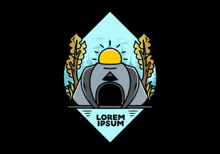 Big pop up tent for camping with two tree and big sun illustration badge designのイラスト素材