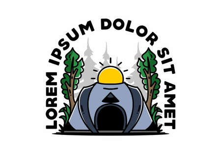 Big pop up tent for camping with two tree and big sun illustration badge designのイラスト素材