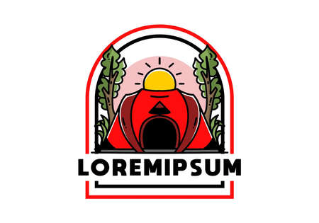Big pop up tent for camping with two tree and big sun illustration badge designのイラスト素材