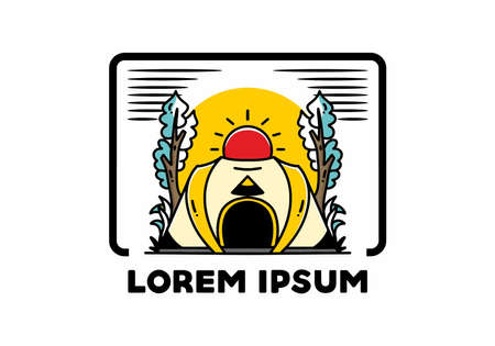 Big pop up tent for camping with two tree and big sun illustration badge designのイラスト素材