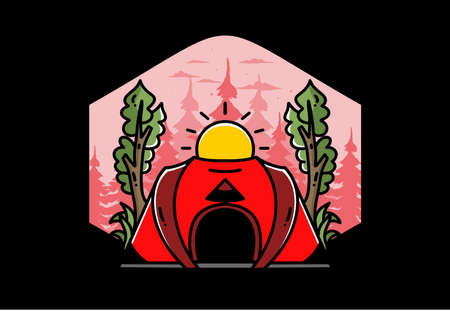 Big pop up tent for camping with two tree and big sun illustration badge designのイラスト素材