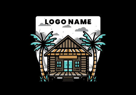 illustration badge design of a Wood house on the beachのイラスト素材