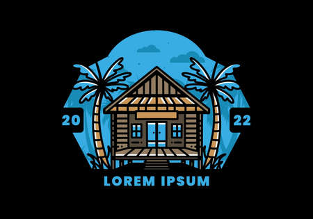 illustration badge design of a Wood house on the beachのイラスト素材
