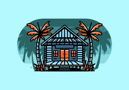 illustration badge design of a Wood house on the beachのイラスト素材