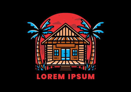 illustration badge design of a Wood house on the beachのイラスト素材