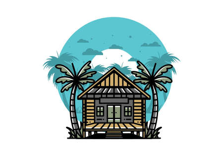 illustration badge design of a Wood house on the beachのイラスト素材