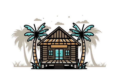 illustration badge design of a Wood house on the beachのイラスト素材