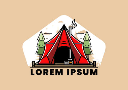 Large glamping tent with heater and chimney between two pine trees illustration designのイラスト素材