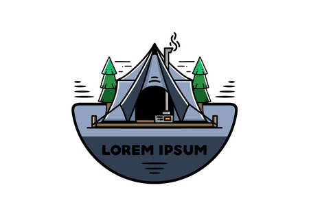 Large glamping tent with heater and chimney between two pine trees illustration designのイラスト素材