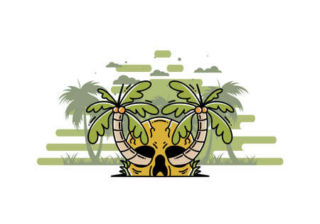 illustration badge design of two coconut trees growing on a skullのイラスト素材