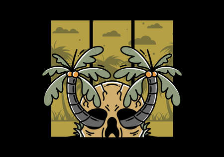 illustration badge design of two coconut trees growing on a skullのイラスト素材