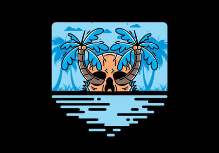 illustration badge design of two coconut trees growing on a skullのイラスト素材