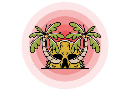 illustration badge design of two coconut trees growing on a skullのイラスト素材